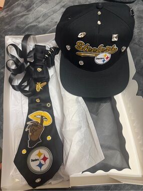 1 of a kind Black Embellished Steeler Cap unisex with Matching Steeler Tie